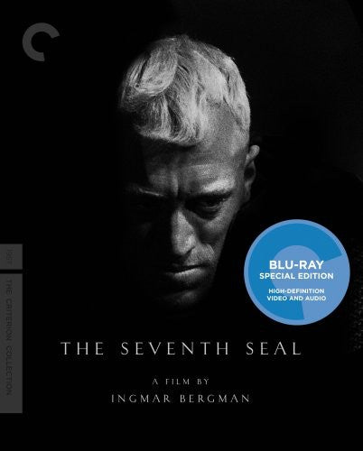 Criterion Collection Blu-ray of The Seventh Seal featuring a dramatic black and white cover design