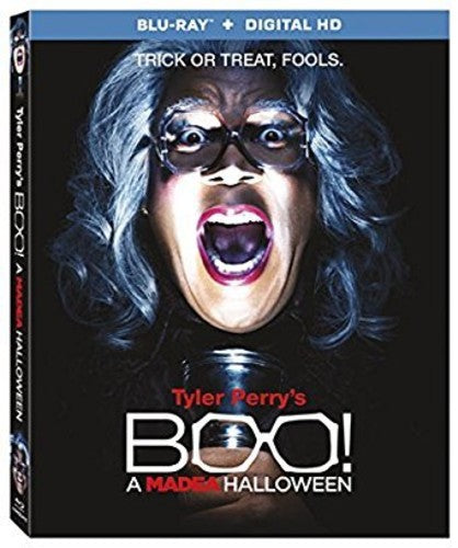 Tyler Perry's Boo! A Madea Halloween Blu-ray disc with colorful cover art featuring Madea in a Halloween setting