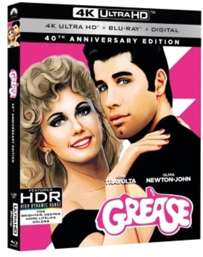Grease 40th Anniversary Edition 4K Ultra HD Blu-ray with vibrant cover art featuring iconic characters