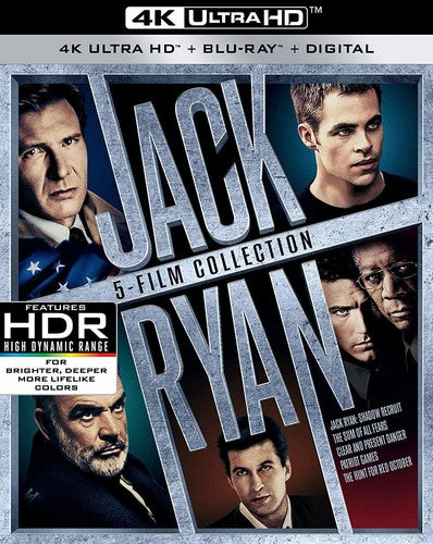 Jack Ryan: 5-Film Collection in 4K Ultra HD by Alliance Entertainment, featuring action-packed film covers