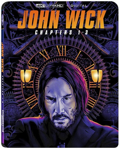 John Wick: Chapters 1-3 4K Ultra HD box set by Alliance Entertainment, featuring bold graphics and action imagery.