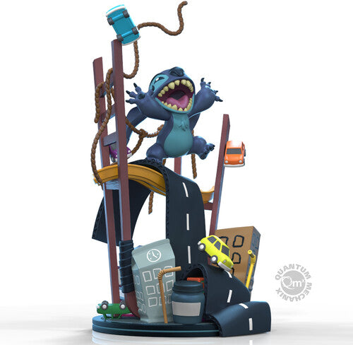 8-inch Stitch Q-Fig Max Elite collectible figure in vibrant colors by Quantum Mechanix, featuring detailed design and playfu