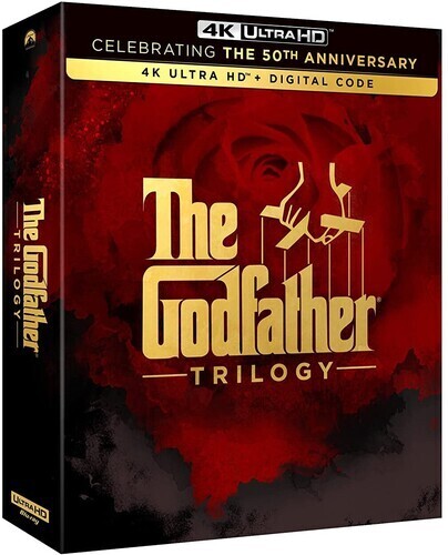 The Godfather Trilogy 4K Ultra HD box set with iconic film artwork, celebrating its 50th anniversary by Alliance Entertainme