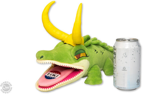 Green Alligator Loki plush toy with zipper mouth, featuring detailed stitching and soft fabric by Quantum Mechanix