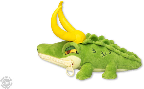 Green plush Alligator Loki toy with zipper mouth, featuring soft texture, by QMx Quantum Mechanix.