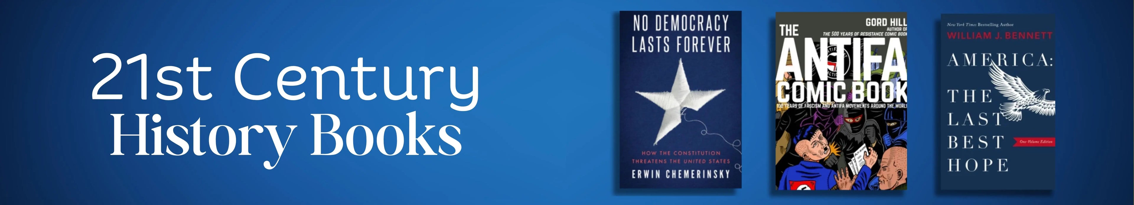 Banner with '21st Century History Books' text and images of three books on a blue background.