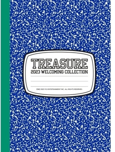 Treasure 2023 Welcoming Collection - 164pg Photobook, Desk Calendar, 10pc Photocard Set, 2 Selfie Photocard, Fortune Photocard, 2 Polaroids, 5 Film Postcards, 10pc Clear Sticker Set, 40pg Mini Notebook + Video Kit