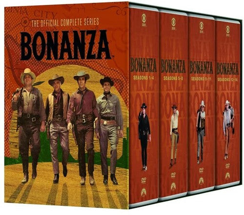 Bonanza: The Official Complete Series DVD set by Alliance Entertainment, featuring colorful box art and multiple discs.
