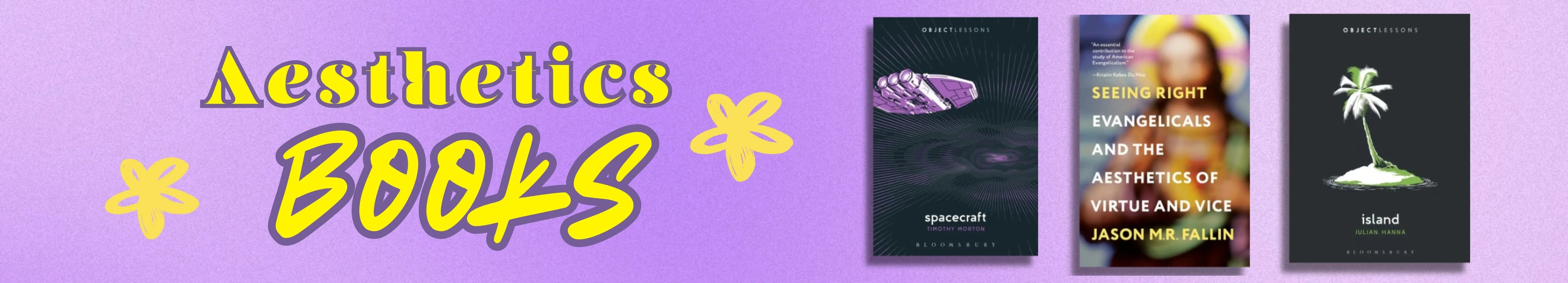 Promotional banner for 'Aesthetics Books' with three book covers on a purple background.