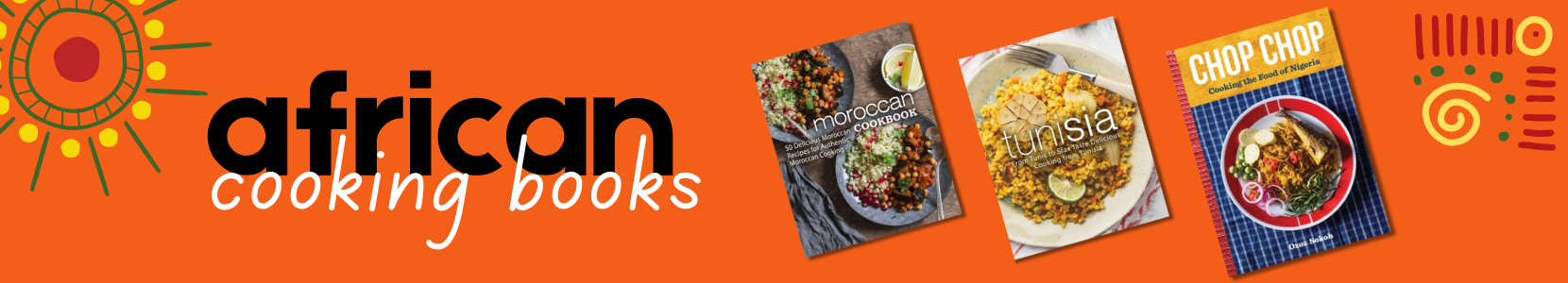 Covers of African cookbooks featuring traditional and contemporary dishes