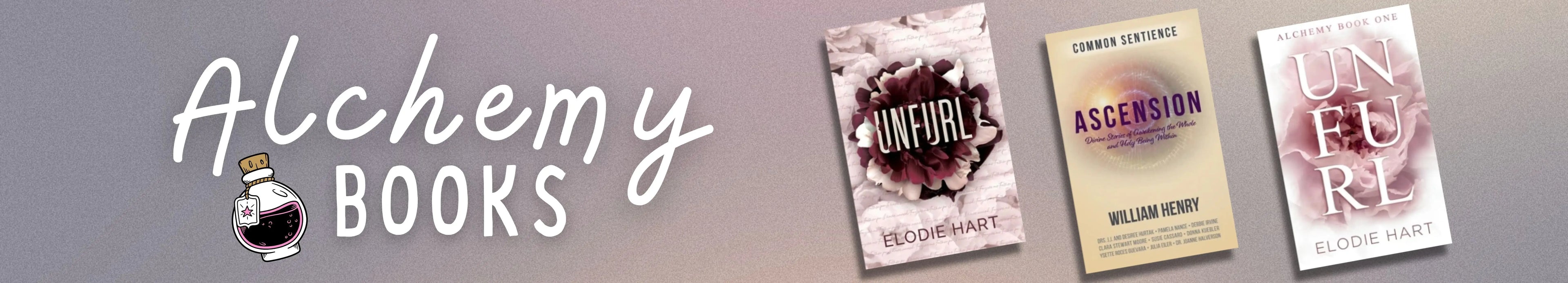 Promotional banner for Alchemy Books with book covers