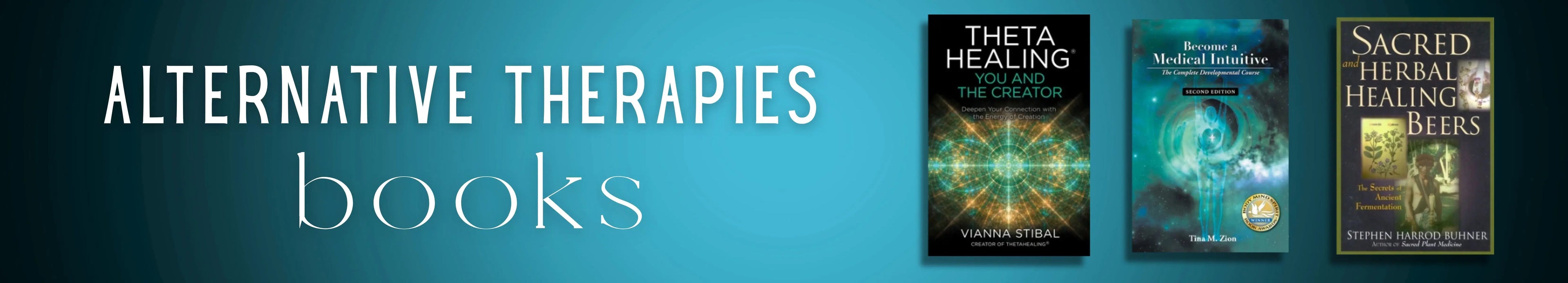 Three books on alternative therapies with a blue background