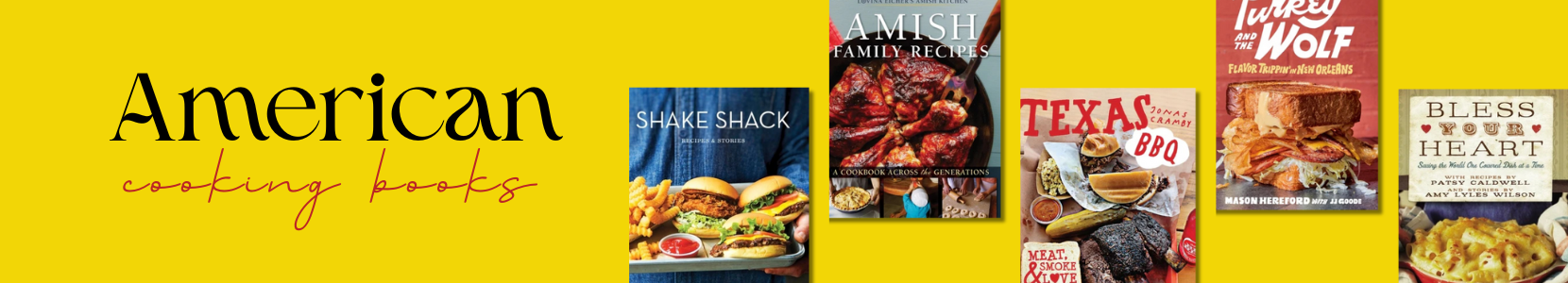 Covers of American cookbooks featuring classic and regional dishes