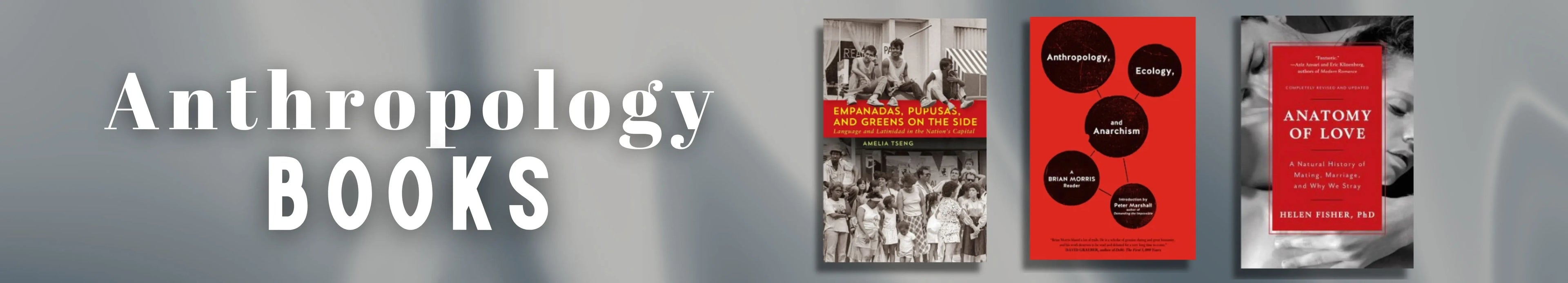 Three anthropology books displayed with their covers on a gray background