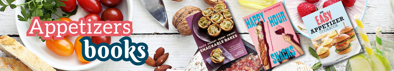 A collection of cookbooks focused on appetizers and party snacks