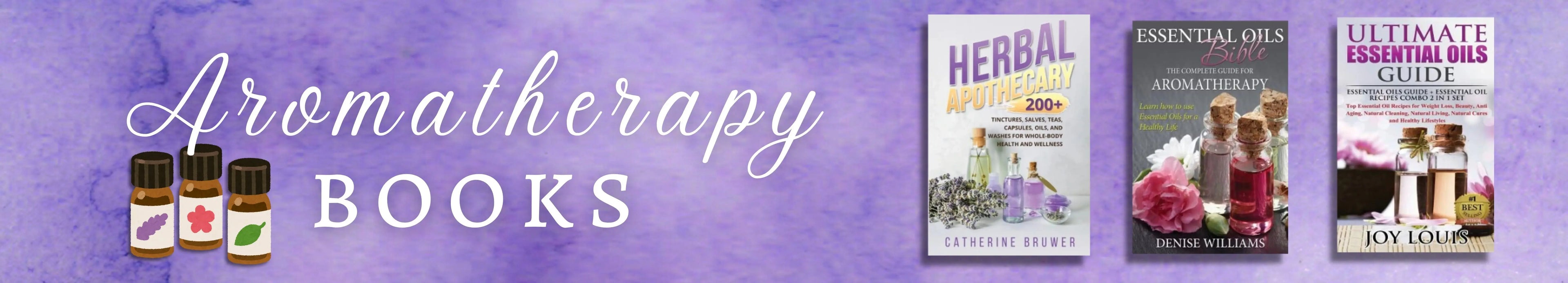 Promotional banner for aromatherapy books with book covers and essential oil bottles on a purple background.
