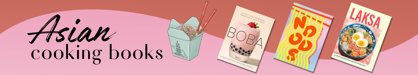 Covers of Asian cookbooks featuring dishes from China, Japan, Thailand, and more
