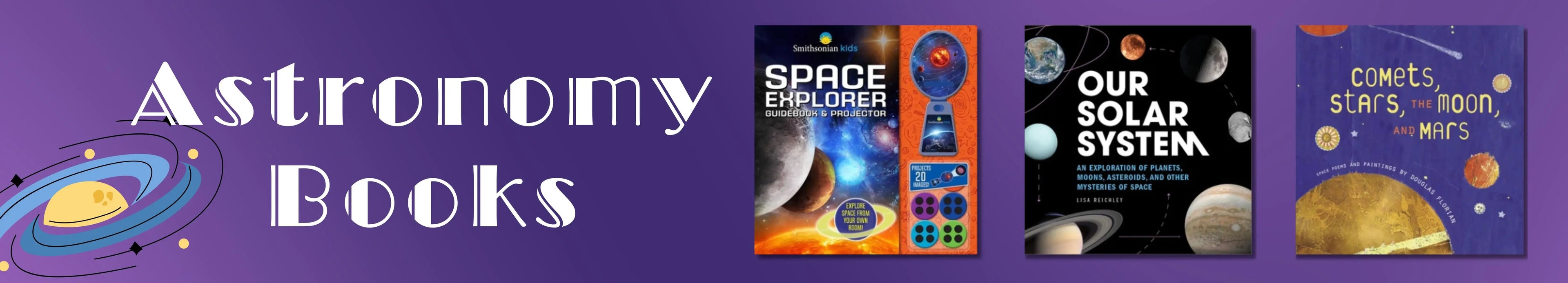 Three astronomy books with colorful covers on a purple background