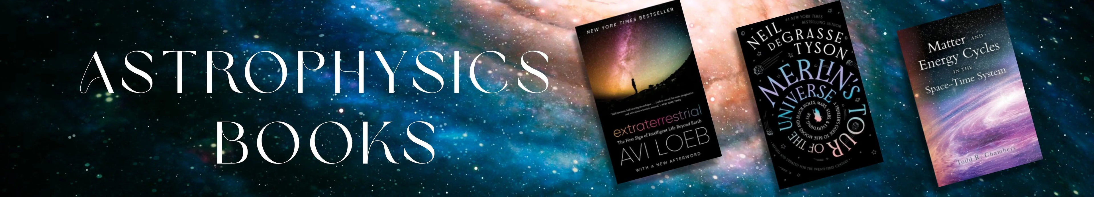 Three astronomy books with a cosmic background labeled 'Astrophysics Books'.