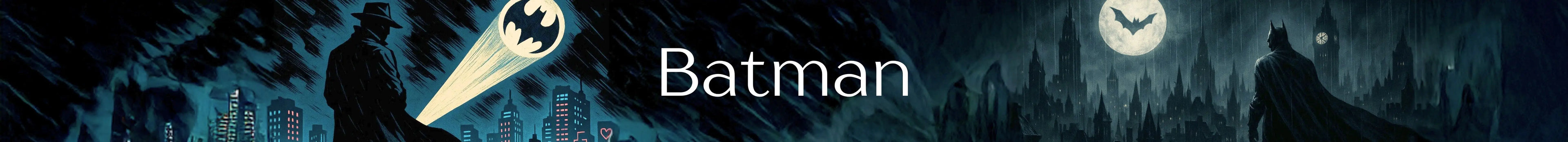 Batman logo with silhouette of a cityscape and moonlit sky