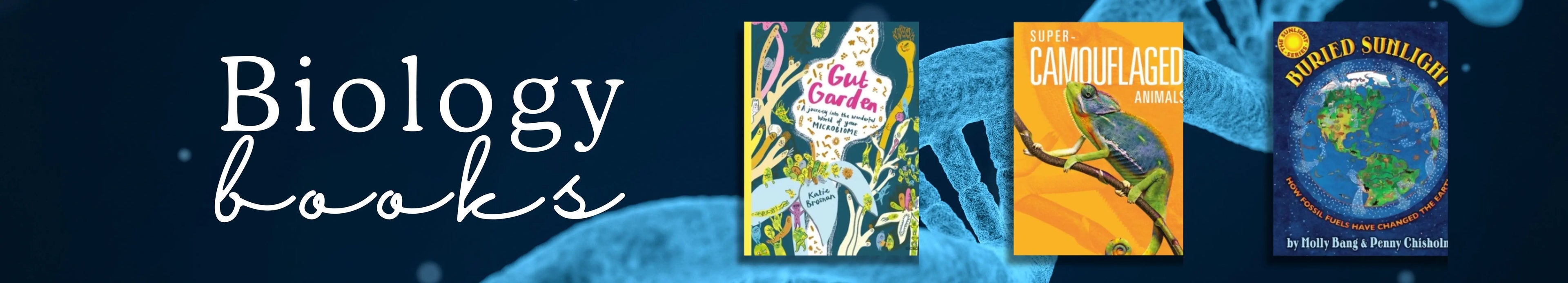 Four biology books displayed against a blue background with 'Biology books' text.