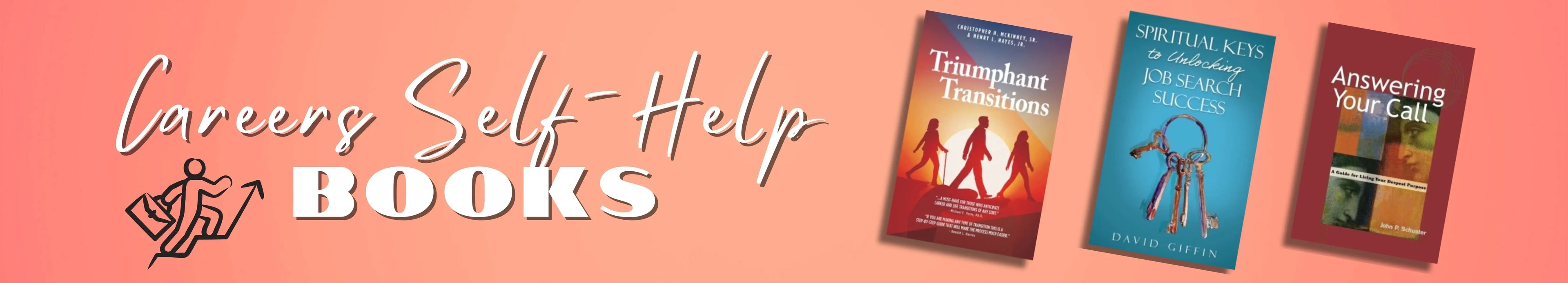 Three books on a pink background with 'Career Self-Help Books' text.