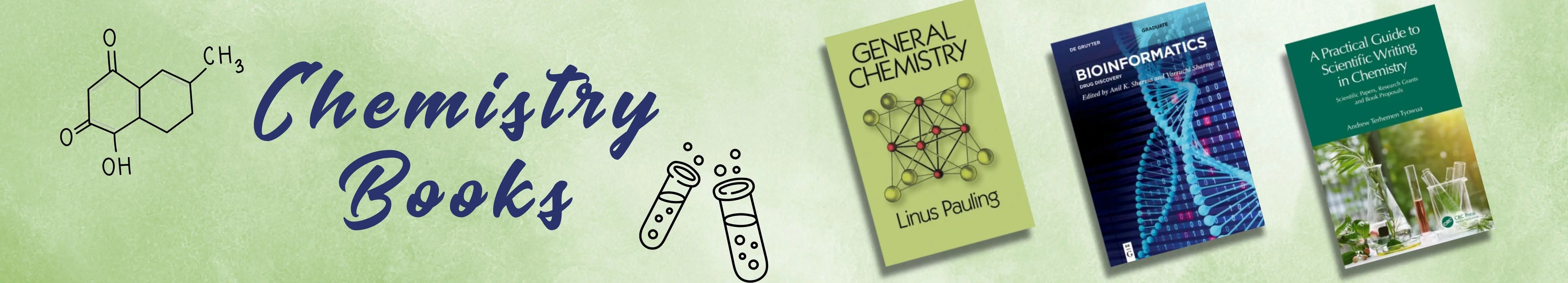Three chemistry books with a chemical structure diagram on a green background
