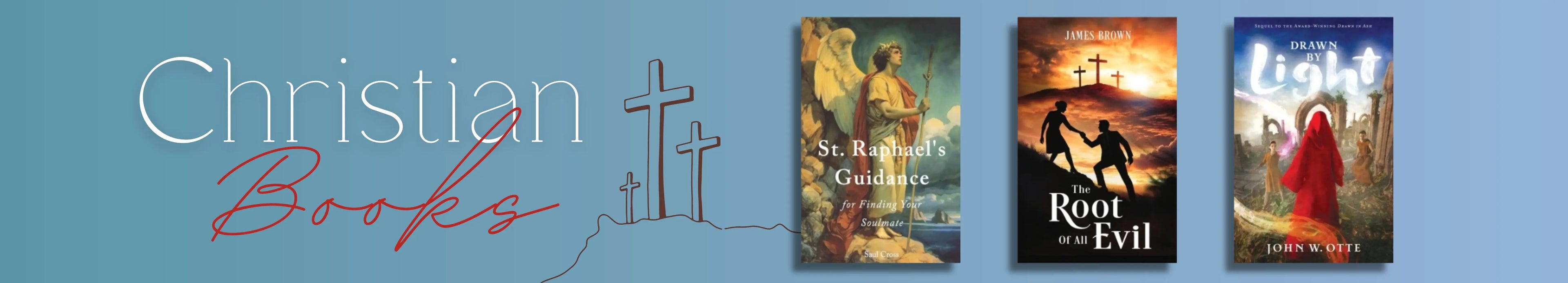 Promotional banner for Christian books with book covers and text on a blue background