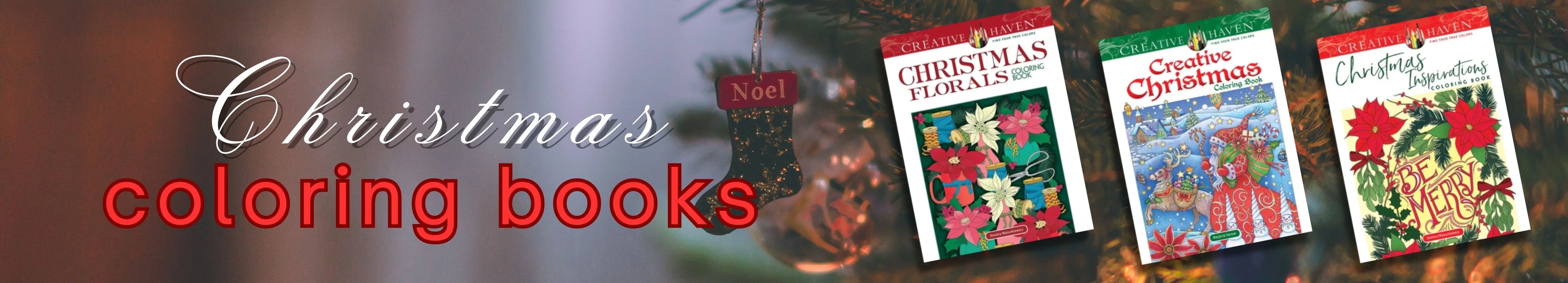Banner advertising Christmas coloring books with three book covers displayed.