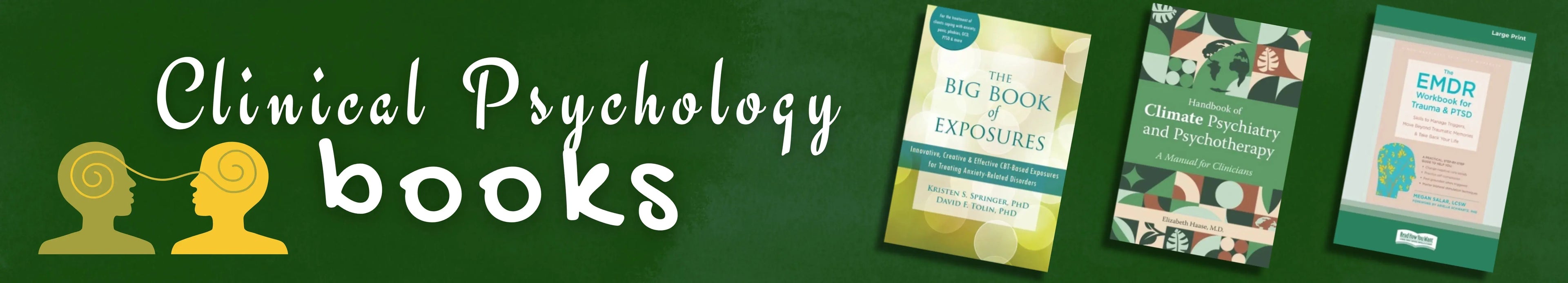 Three books on clinical psychology with a green background