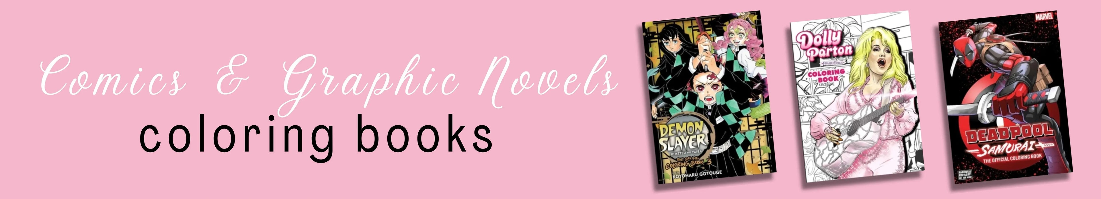 Coloring books with comic book covers on a pink background