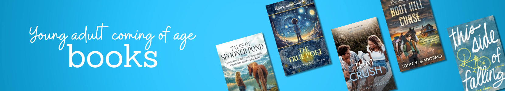Promotional banner showcasing coming-of-age young adult books with popular book covers on a blue background.