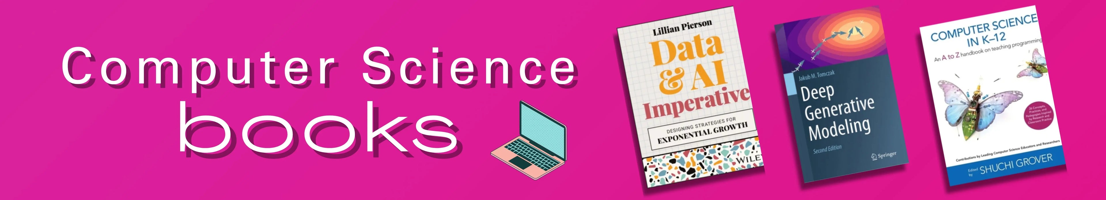 Three computer science books on a pink background with 'Computer Science books' text.