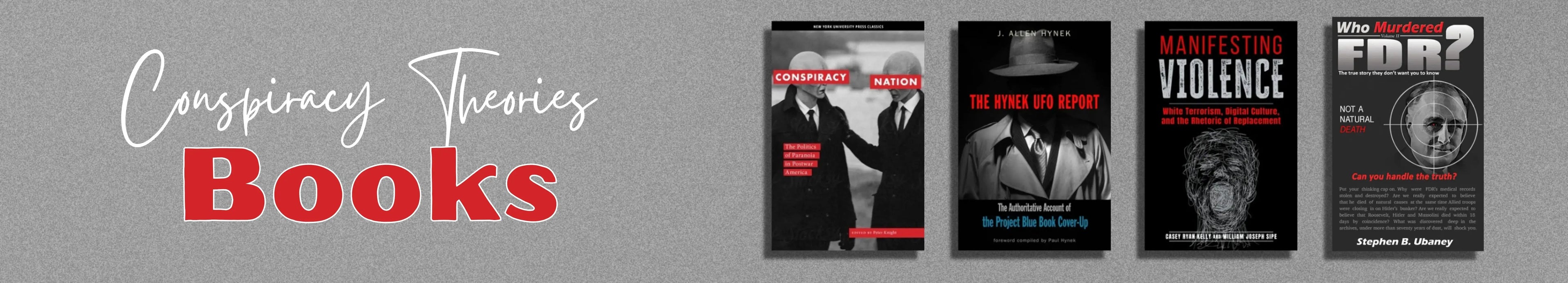 Books on conspiracy theories displayed against a gray background
