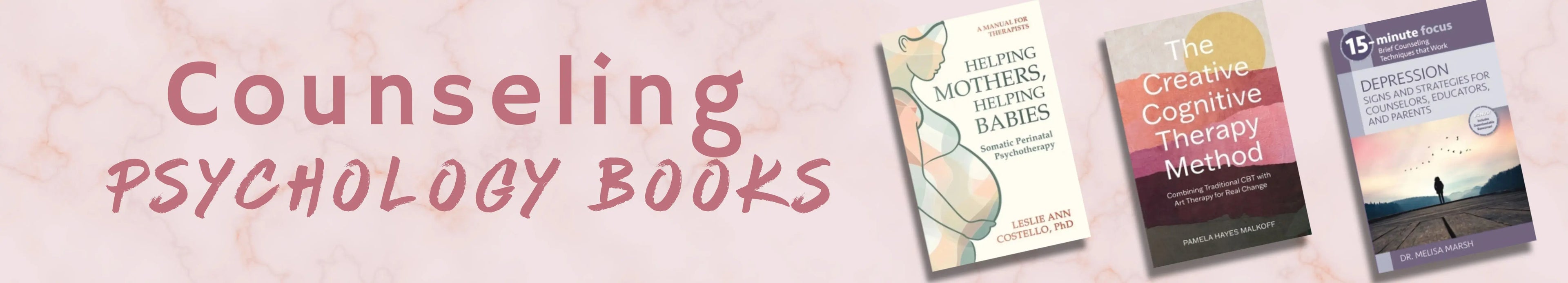 Three psychology books on a pink background with text 'Counseling Psychology Books'.