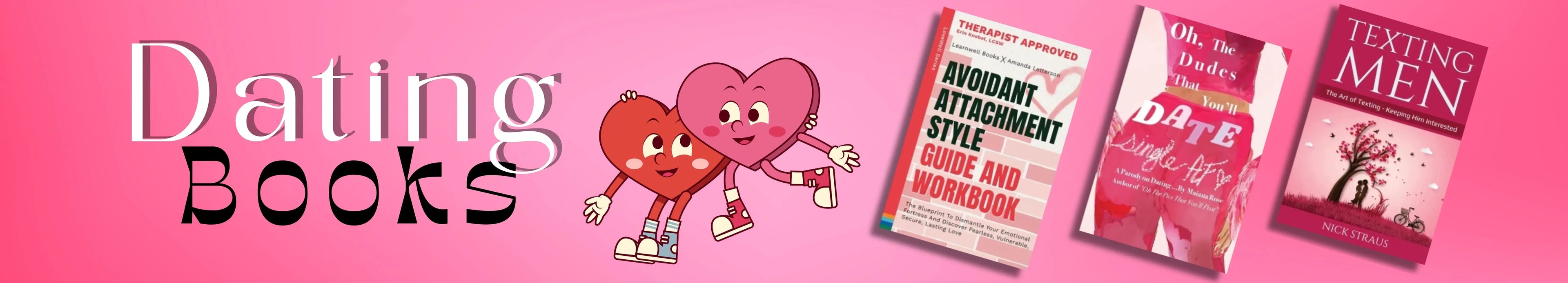 Promotional banner for dating books with cartoon hearts and book covers on a pink background