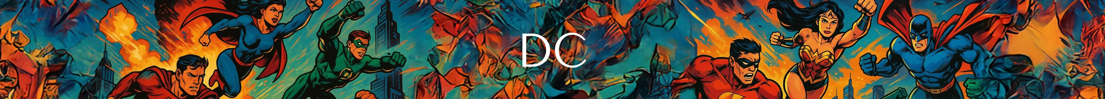 DC Comics superhero banner with characters in action poses against a fiery background.