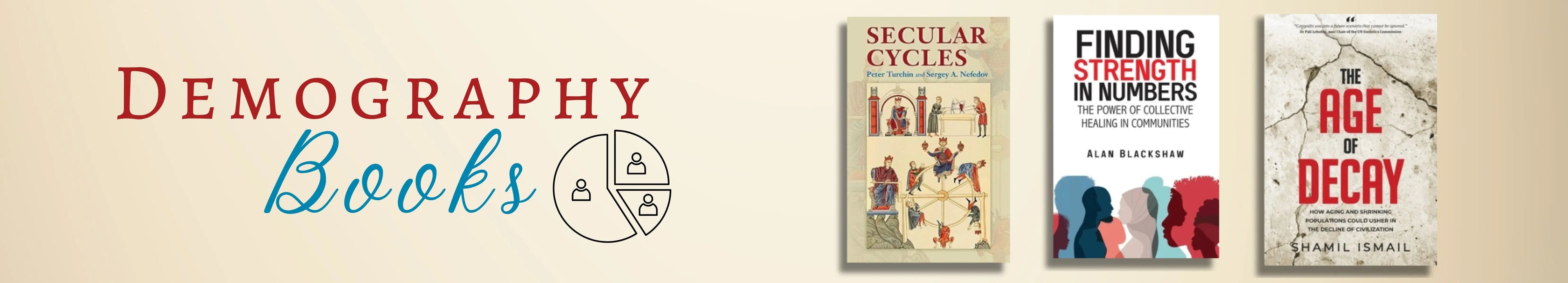 Three book covers on a beige background with 'Demography Books' text.