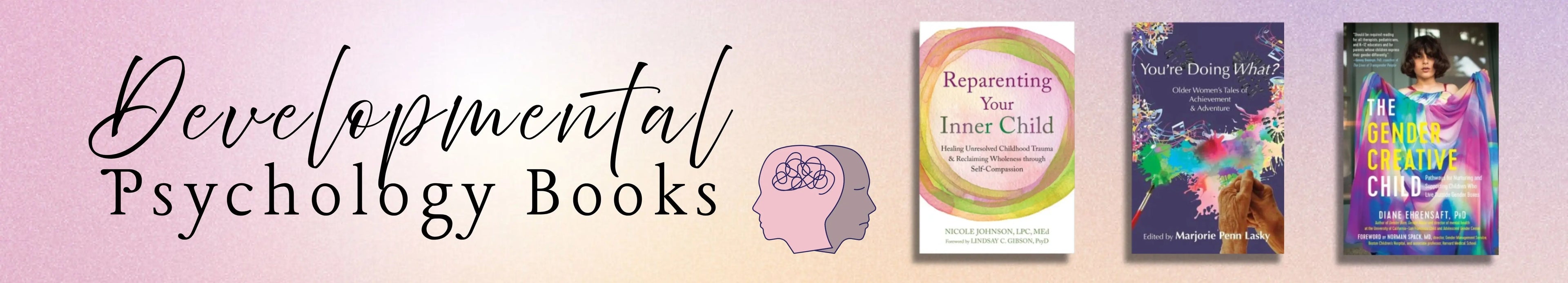 Banner advertising developmental psychology books with book covers displayed.