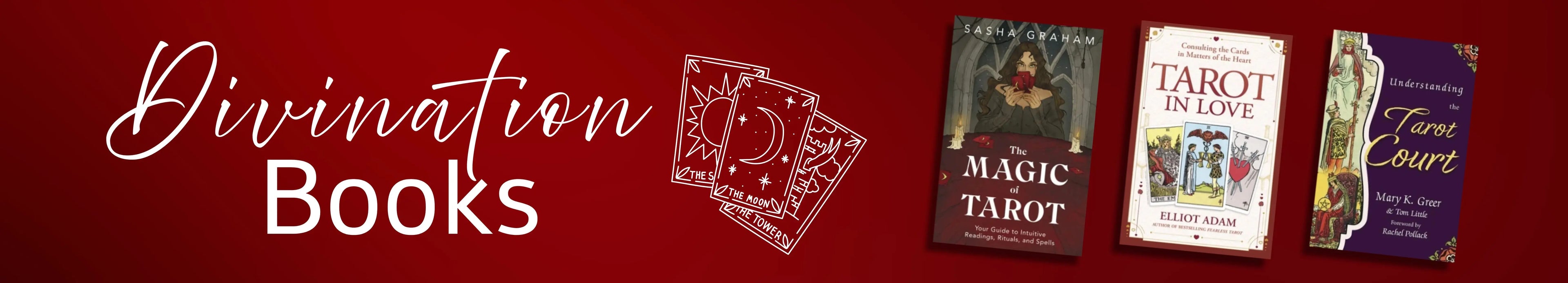 Three books on divination and tarot cards on a red background