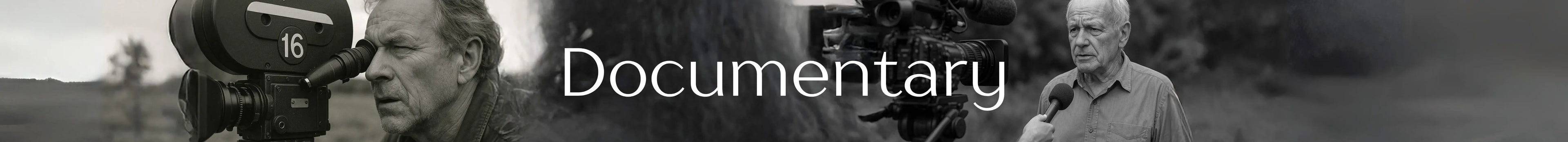 Two men with a camera, one holding a microphone, with 'Documentary' text overlay.