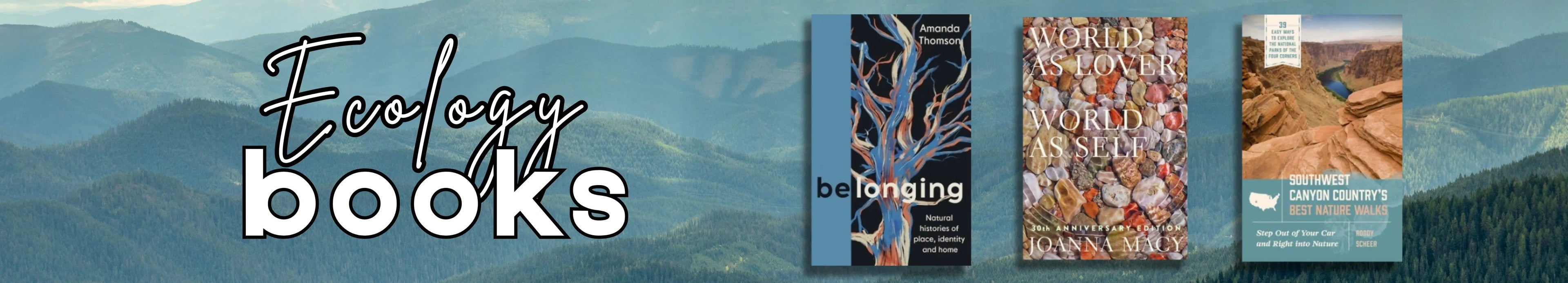 Three books on a shelf with a mountainous landscape in the background, featuring the brand 'Ecology Books'.