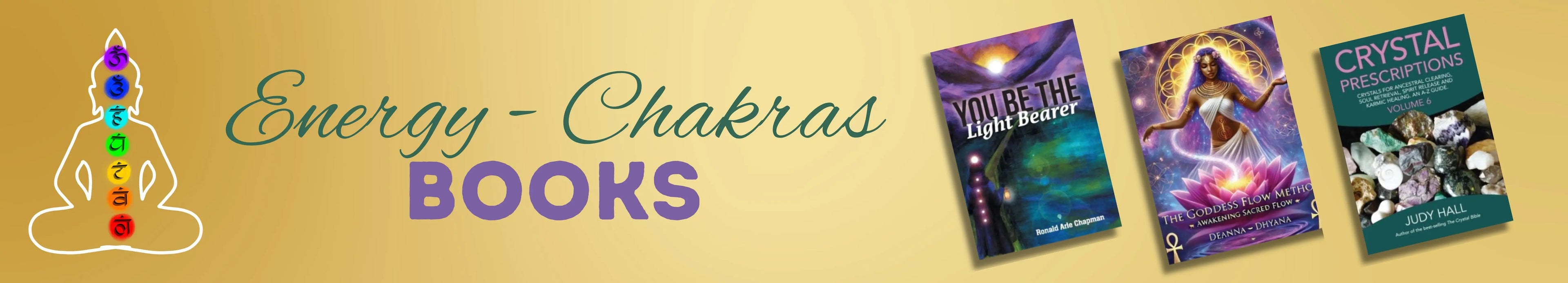 Banner with books titled 'Crystal Magic' and 'Energy Chakras' on a gold background.