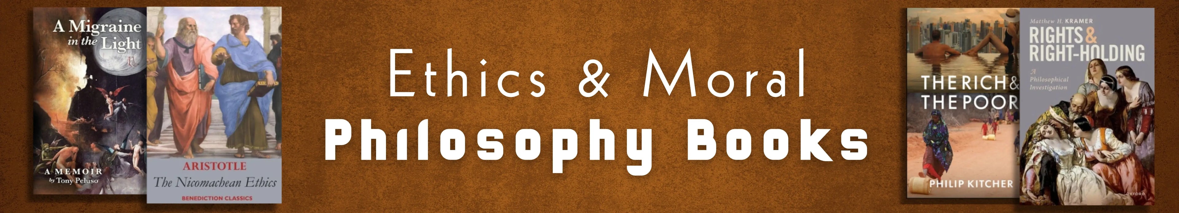 Banner advertising ethics and moral philosophy books with book covers on a brown background.