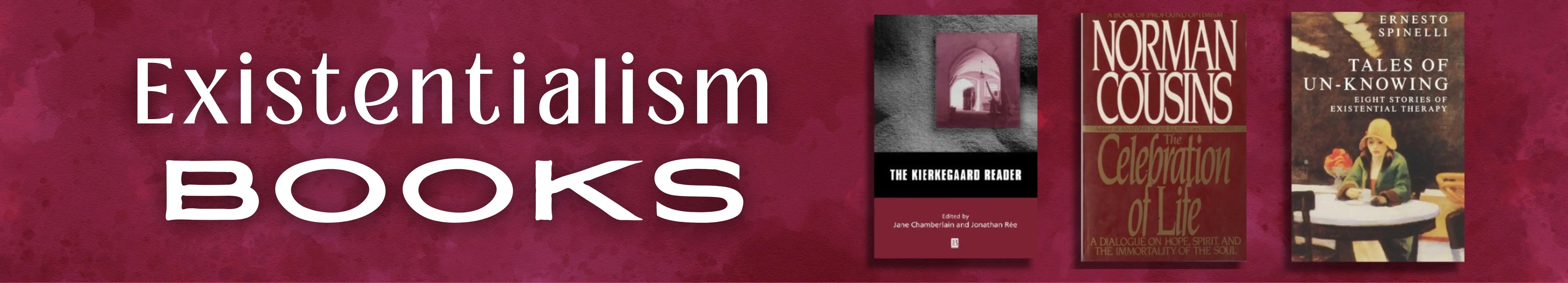 Banner with books on existentialism against a red background