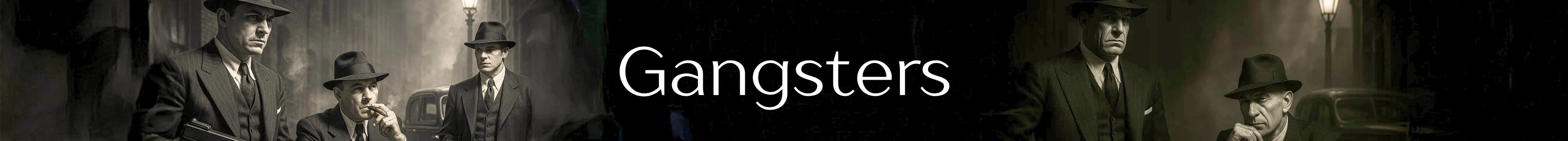 Black and white image of gangsters with text 'Gangsters' at the bottom.