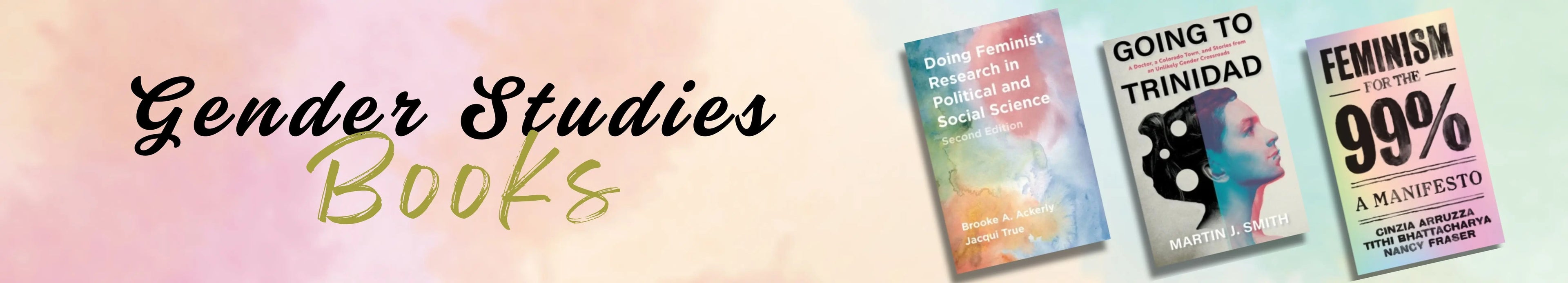 Promotional banner for gender studies books with book covers displayed on a gradient background.