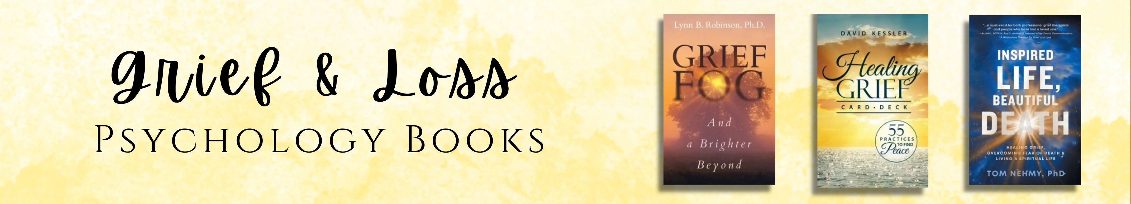 Three books on grief and loss psychology with a gradient yellow background