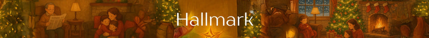 Christmas-themed scene with people around a fireplace, featuring the Hallmark logo.
