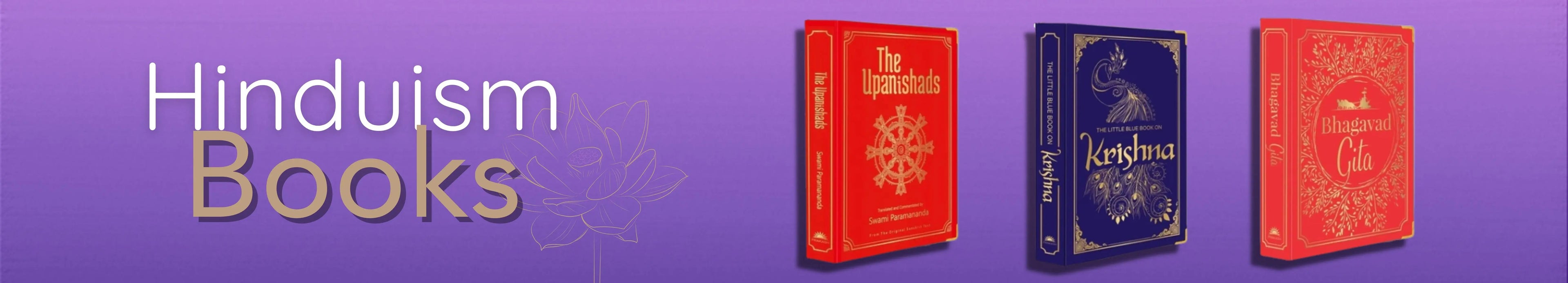 Three books on Hinduism with a purple background